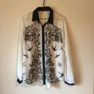 Bird Print Chiffon Blouse